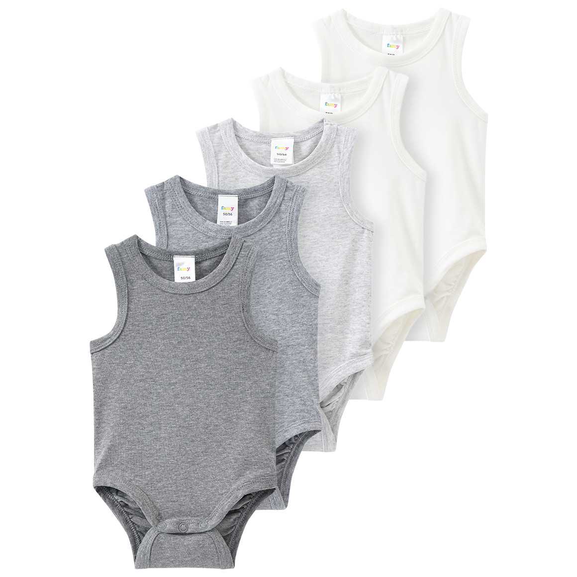 5 baby rompers in verschillende kleuren
