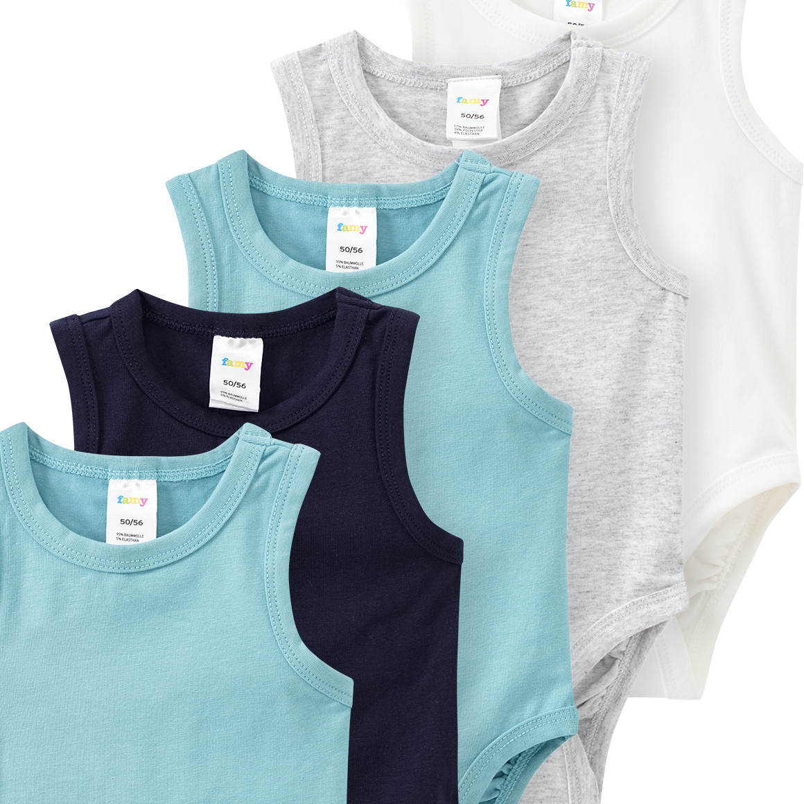 5 baby rompers in verschillende kleuren