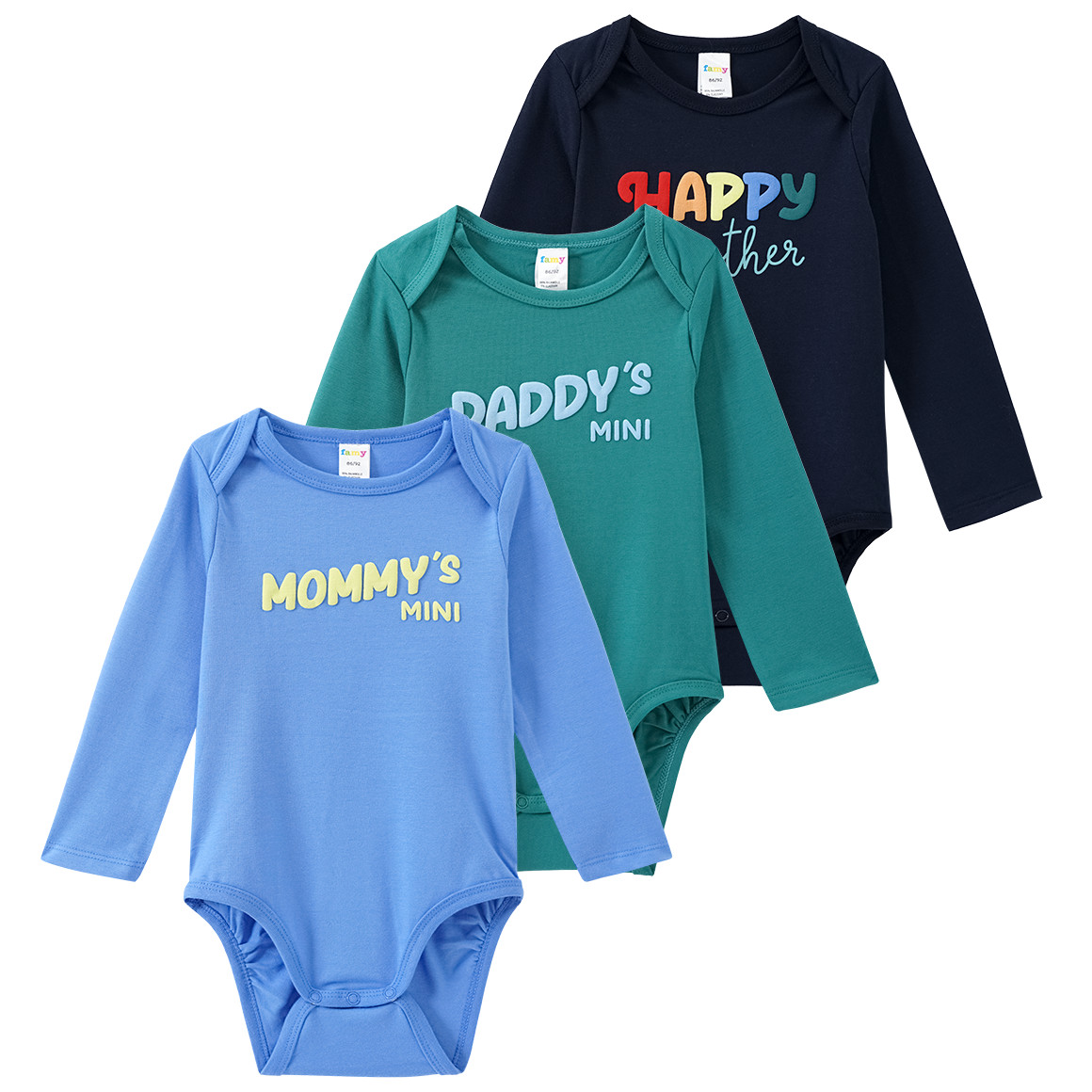 3 Baby Langarmbodys mit gummiertem Print