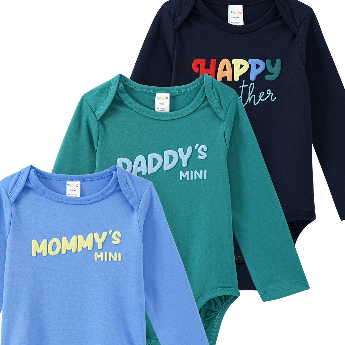 3 Baby Langarmbodys mit gummiertem Print