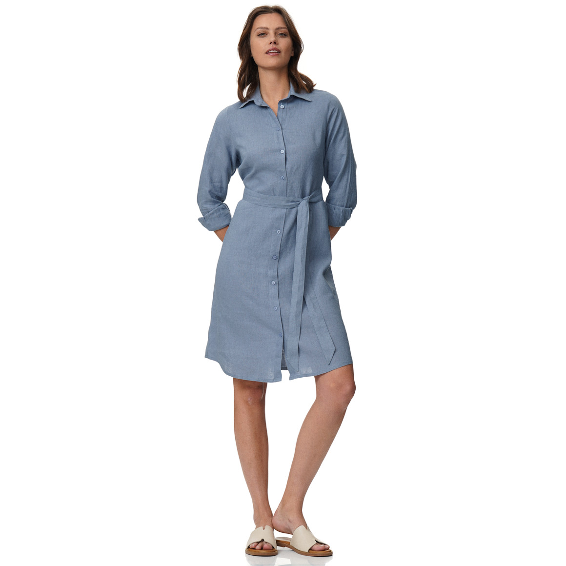 Damen Leinen-Hemdkleid mit Bindeband