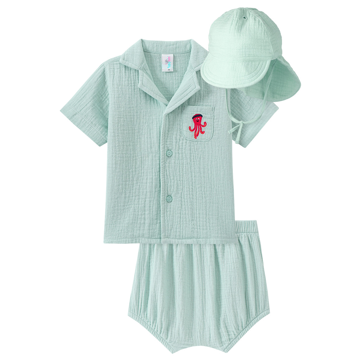 Baby Set aus Musselin-Hemd, Shorts und Hut