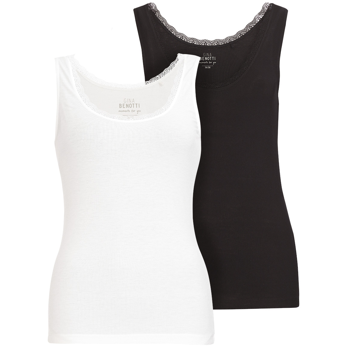 2 Damen Unterhemden mit Rippstruktur, schwarz / weiss, Gr. 44/46, Damenmode, Ernsting's family