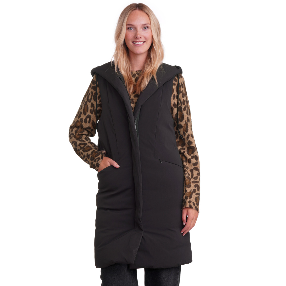 Dames lang vest met capuchon