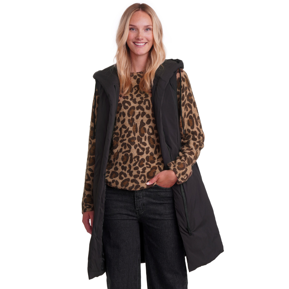 Dames lang vest met capuchon