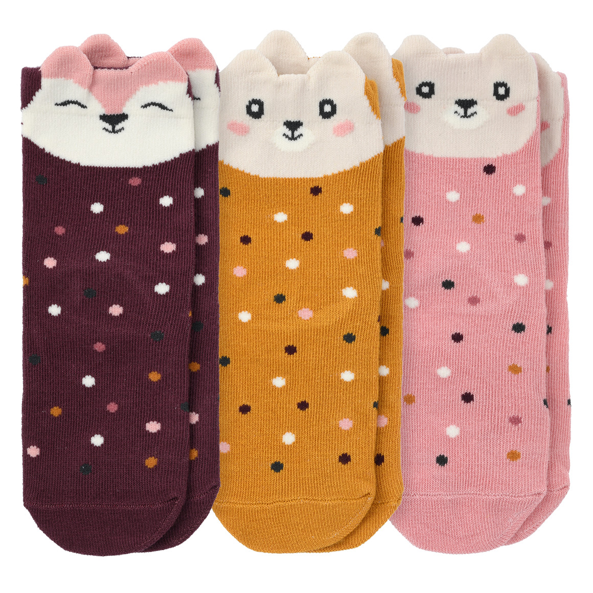 3 Paar Mädchen Socken mit Tiergesichtern