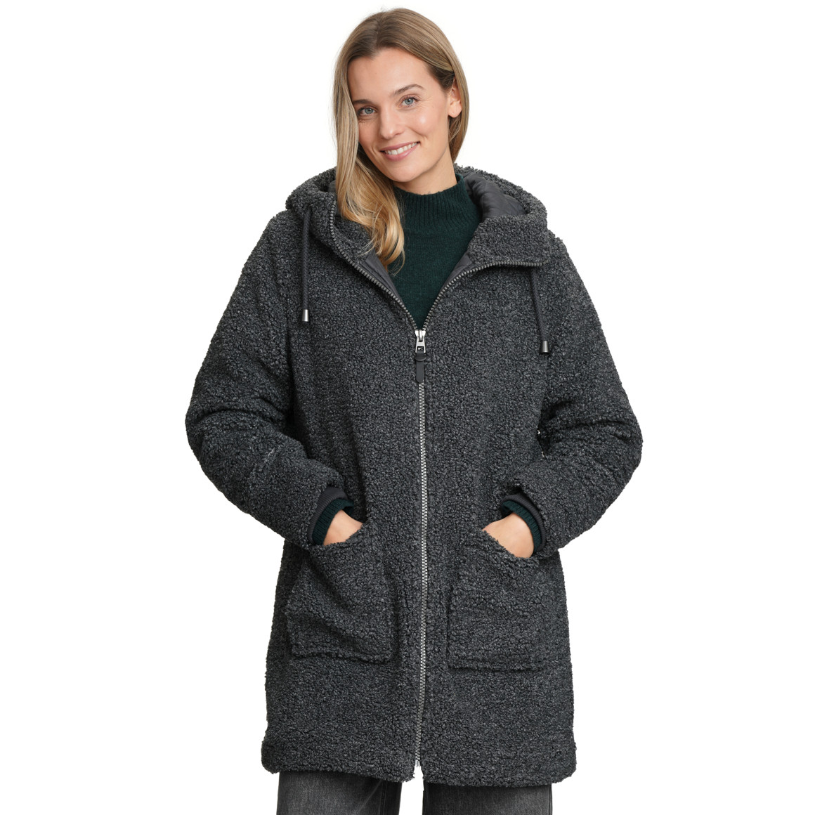 Damen Teddymantel mit Kapuze