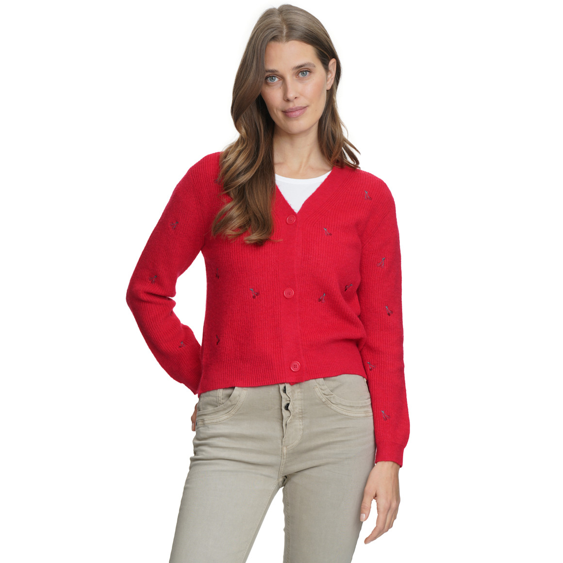 Damen Strickjacke mit Kirsch-Stickerei