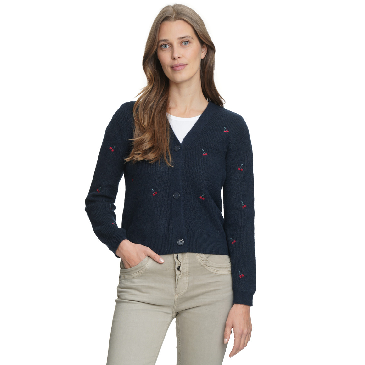 Damen Strickjacke mit Kirsch-Stickerei