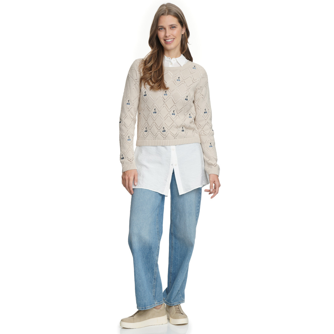 Damen Strickpullover mit Häkel-Muster