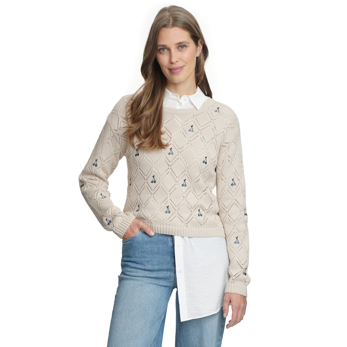 Damen Strickpullover mit Häkel-Muster