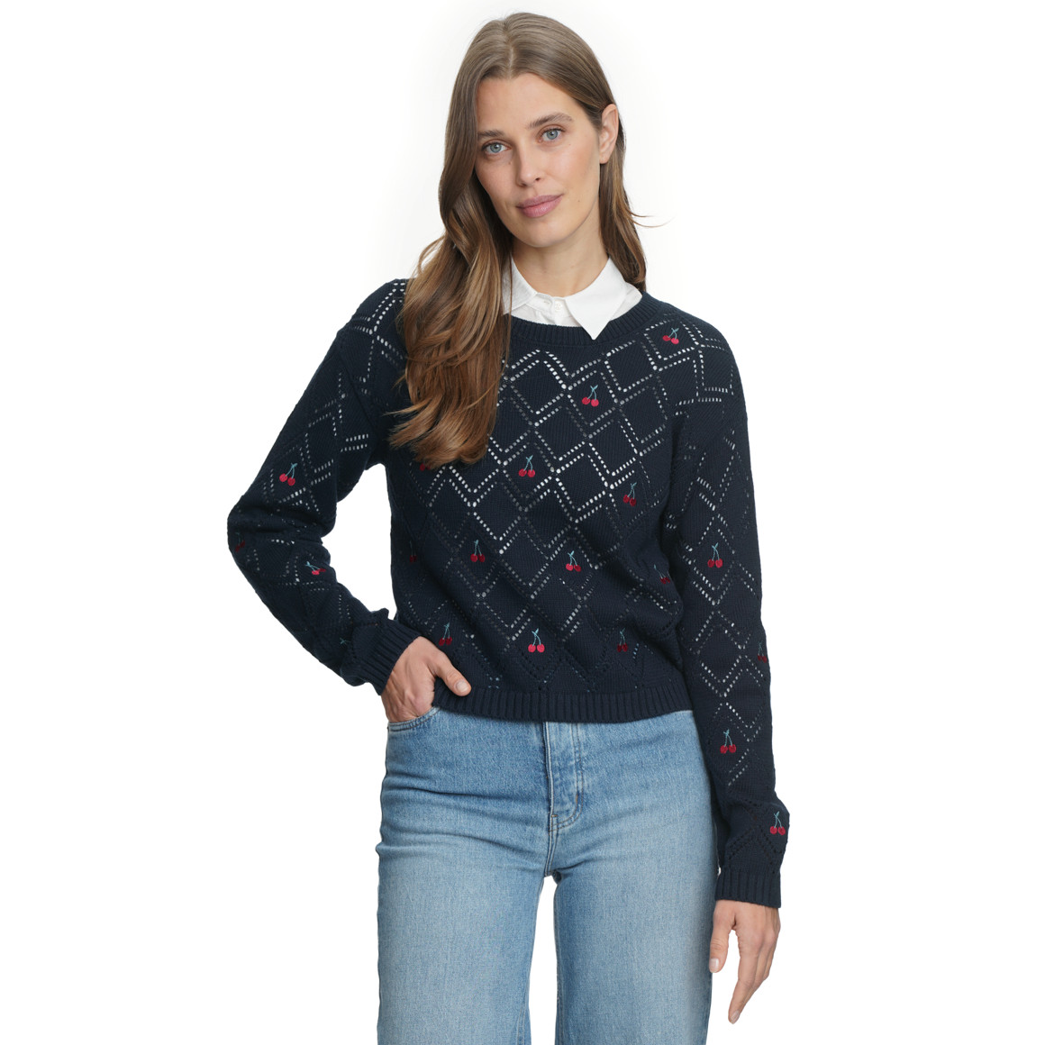 Damen Strickpullover mit Häkel-Muster