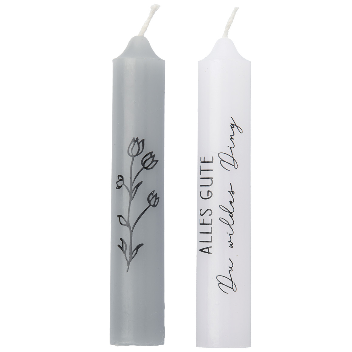 2 kleine Stabkerzen mit Spruch