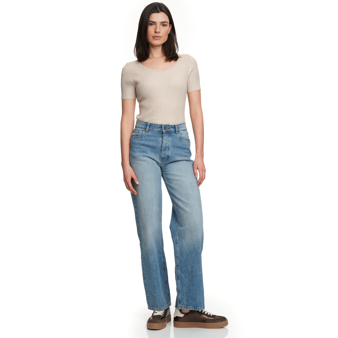 Damen Kurzarm-Strickpullover mit Rippstruktur