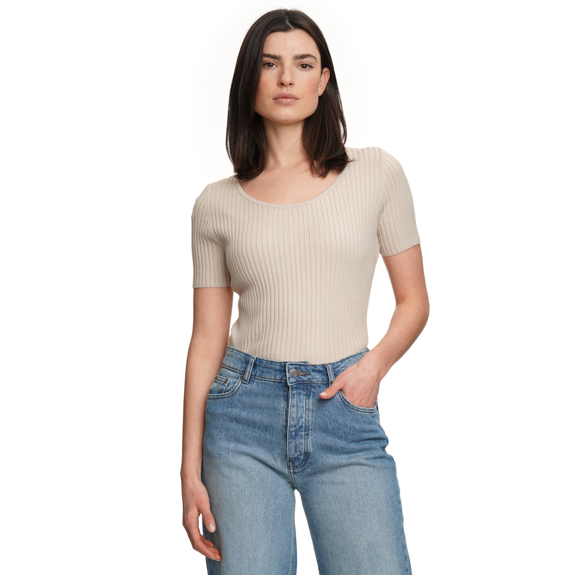 Damen Kurzarm-Strickpullover mit Rippstruktur