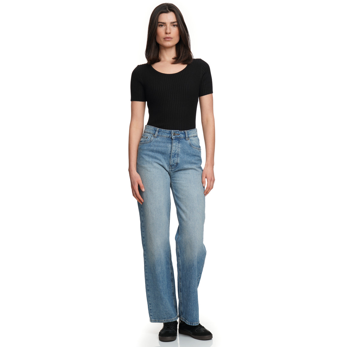 Damen Kurzarm-Strickpullover mit Rippstruktur