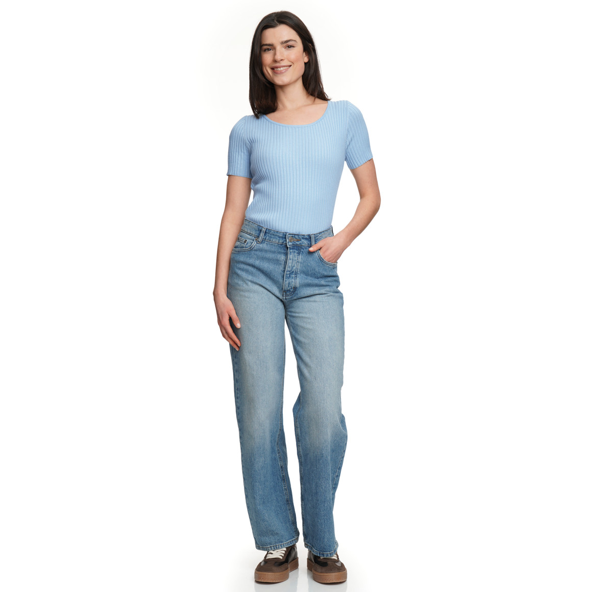 Damen Kurzarm-Strickpullover mit Rippstruktur