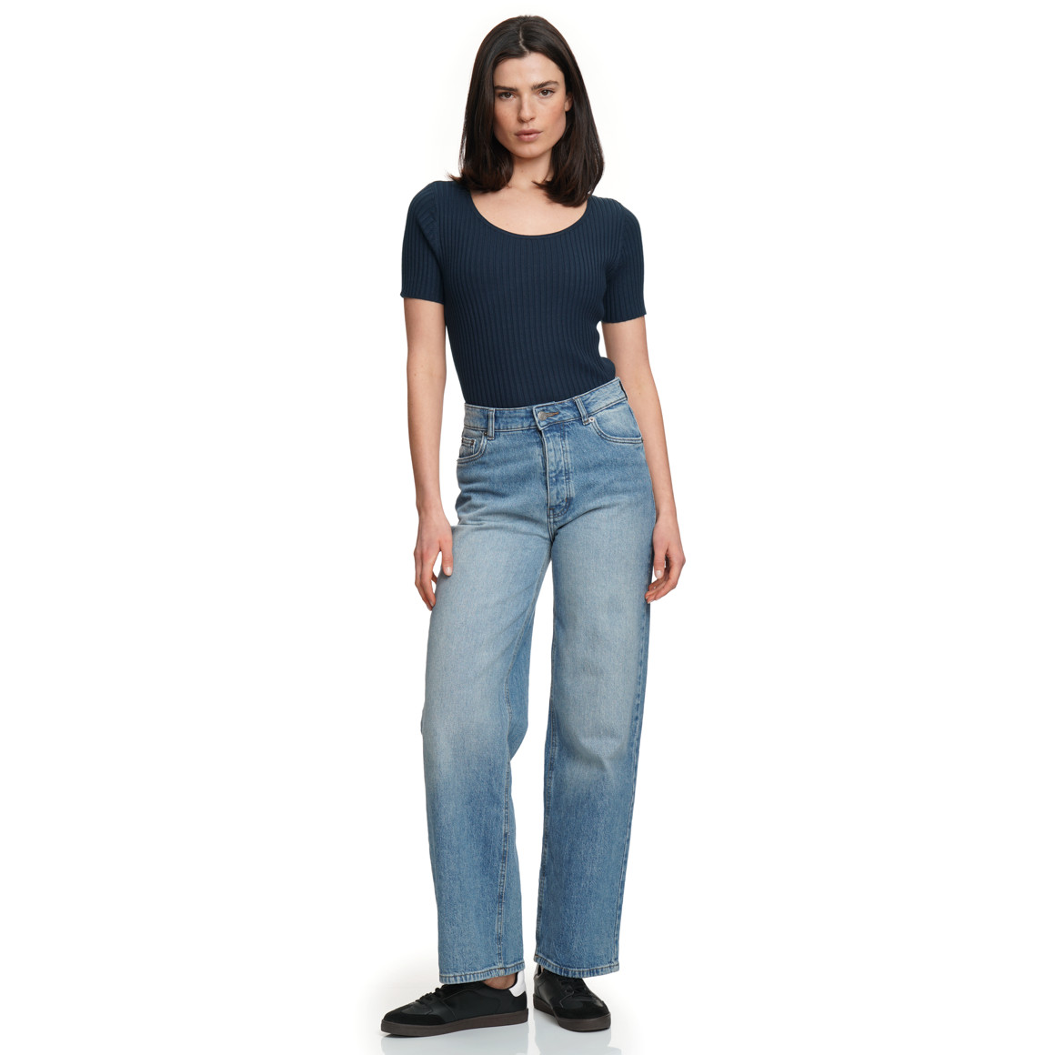 Damen Kurzarm-Strickpullover mit Rippstruktur