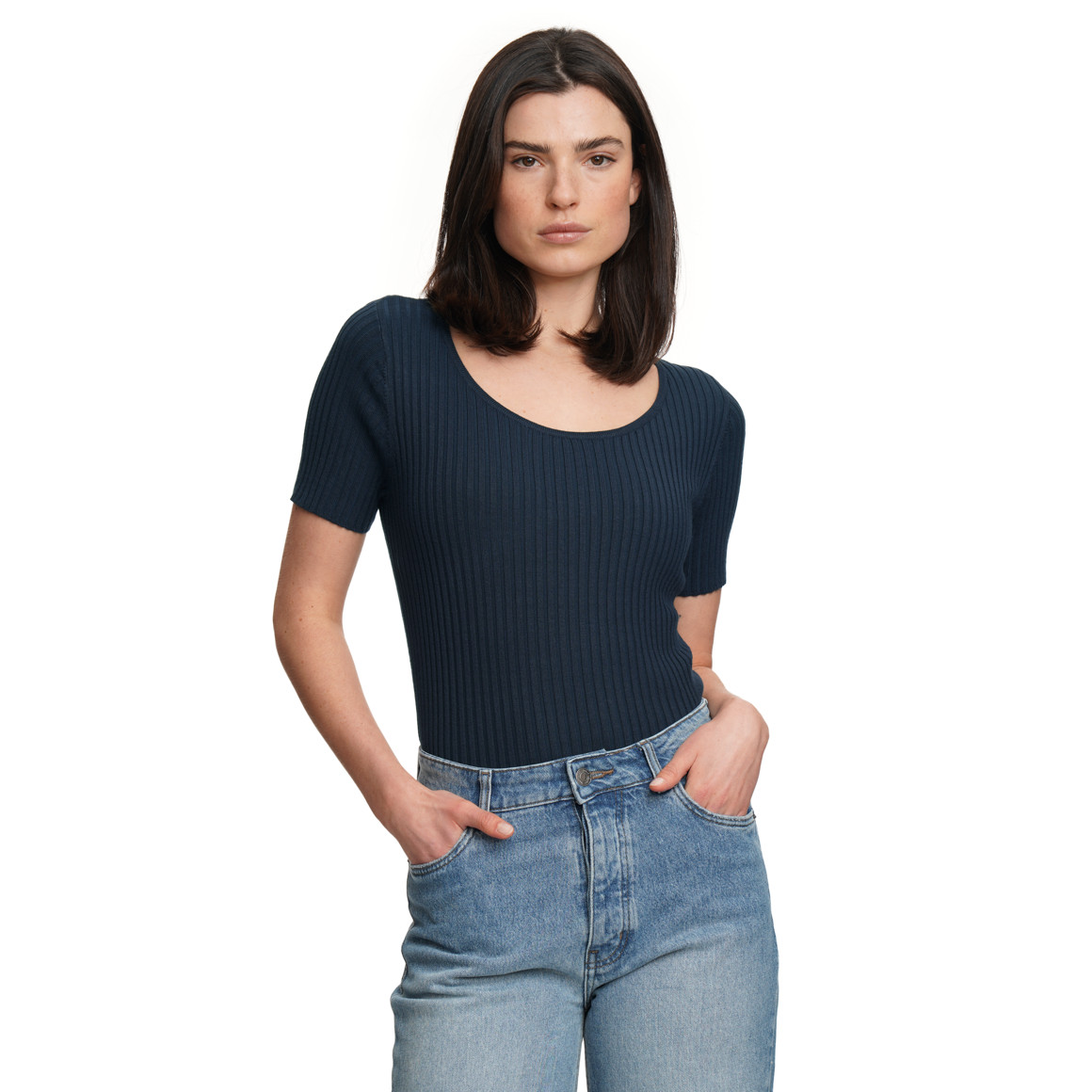 Damen Kurzarm-Strickpullover mit Rippstruktur