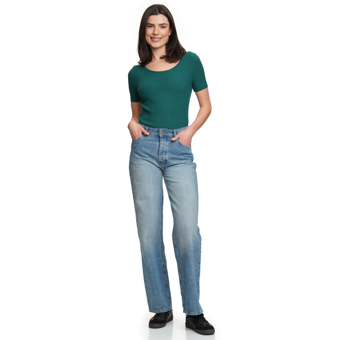 Damen Kurzarm-Strickpullover mit Rippstruktur