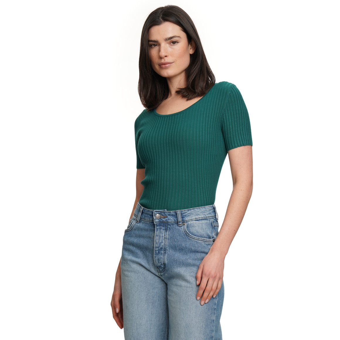 Damen Kurzarm-Strickpullover mit Rippstruktur