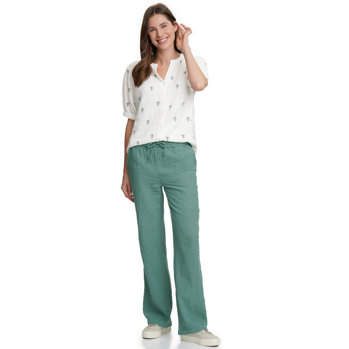 Damen Musselin-Bluse mit Palmen-Stickerei