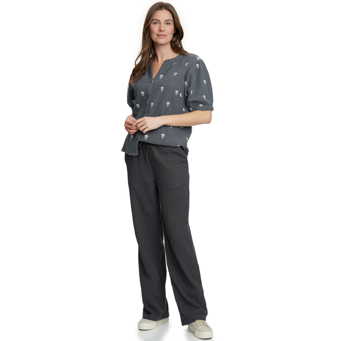 Damen Musselin-Bluse mit Palmen-Stickerei