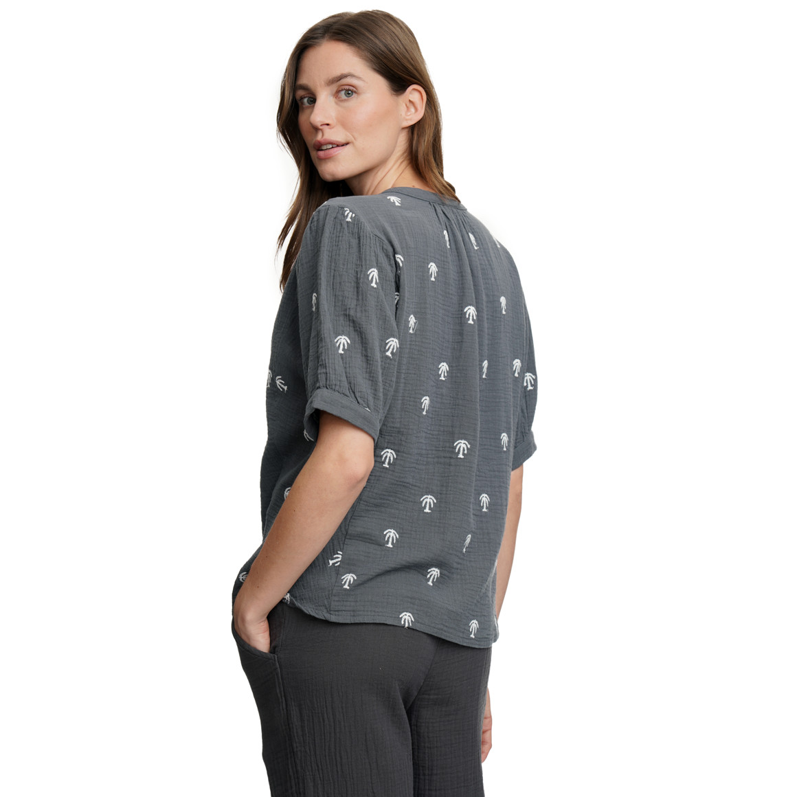 Damen Musselin-Bluse mit Palmen-Stickerei