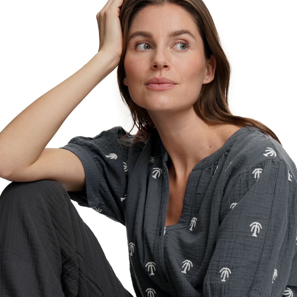 Damen Musselin-Bluse mit Palmen-Stickerei