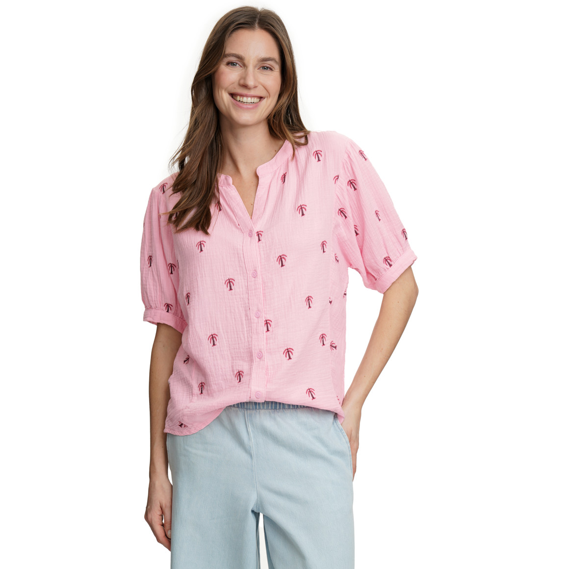 Damen Musselin-Bluse mit Palmen-Stickerei