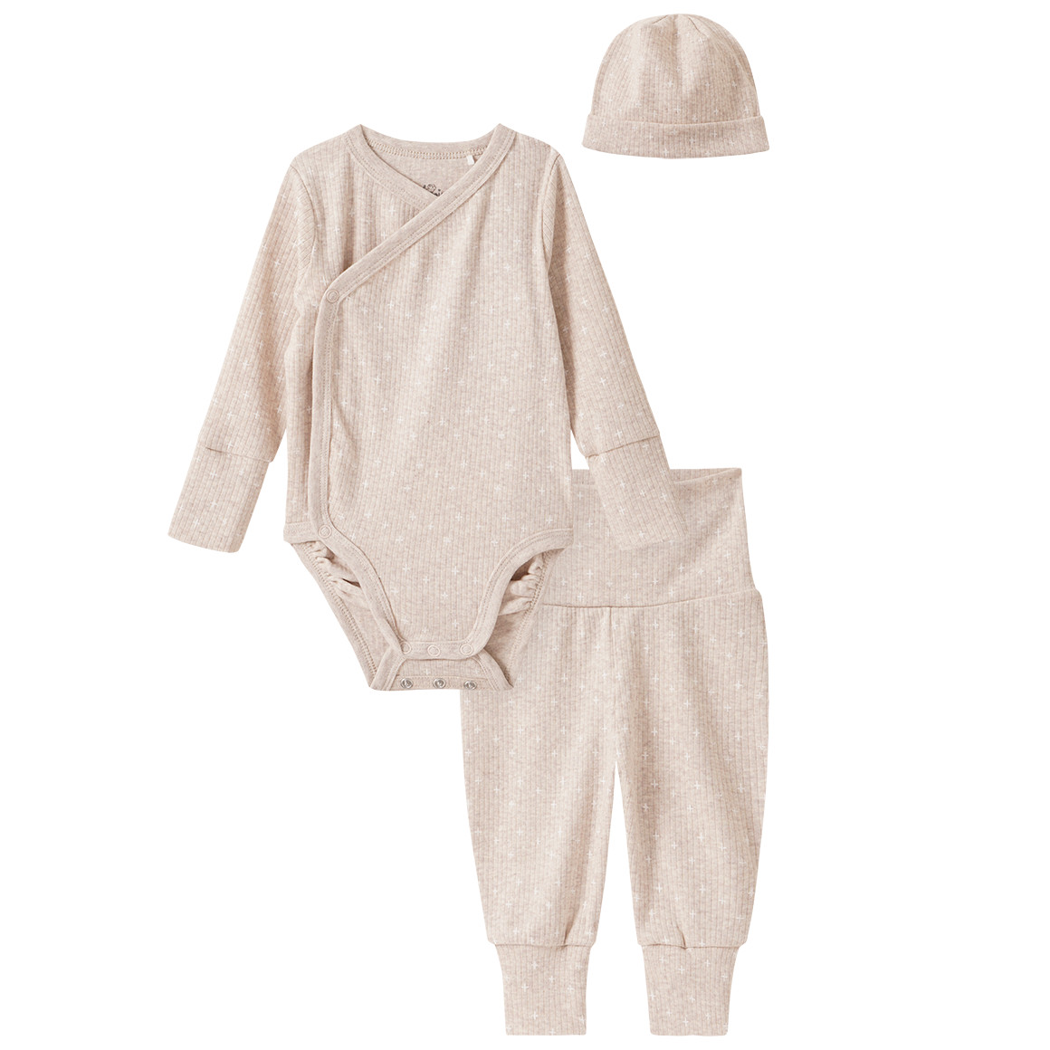 Newborn Set aus Wickelbody, Hose und Mütze