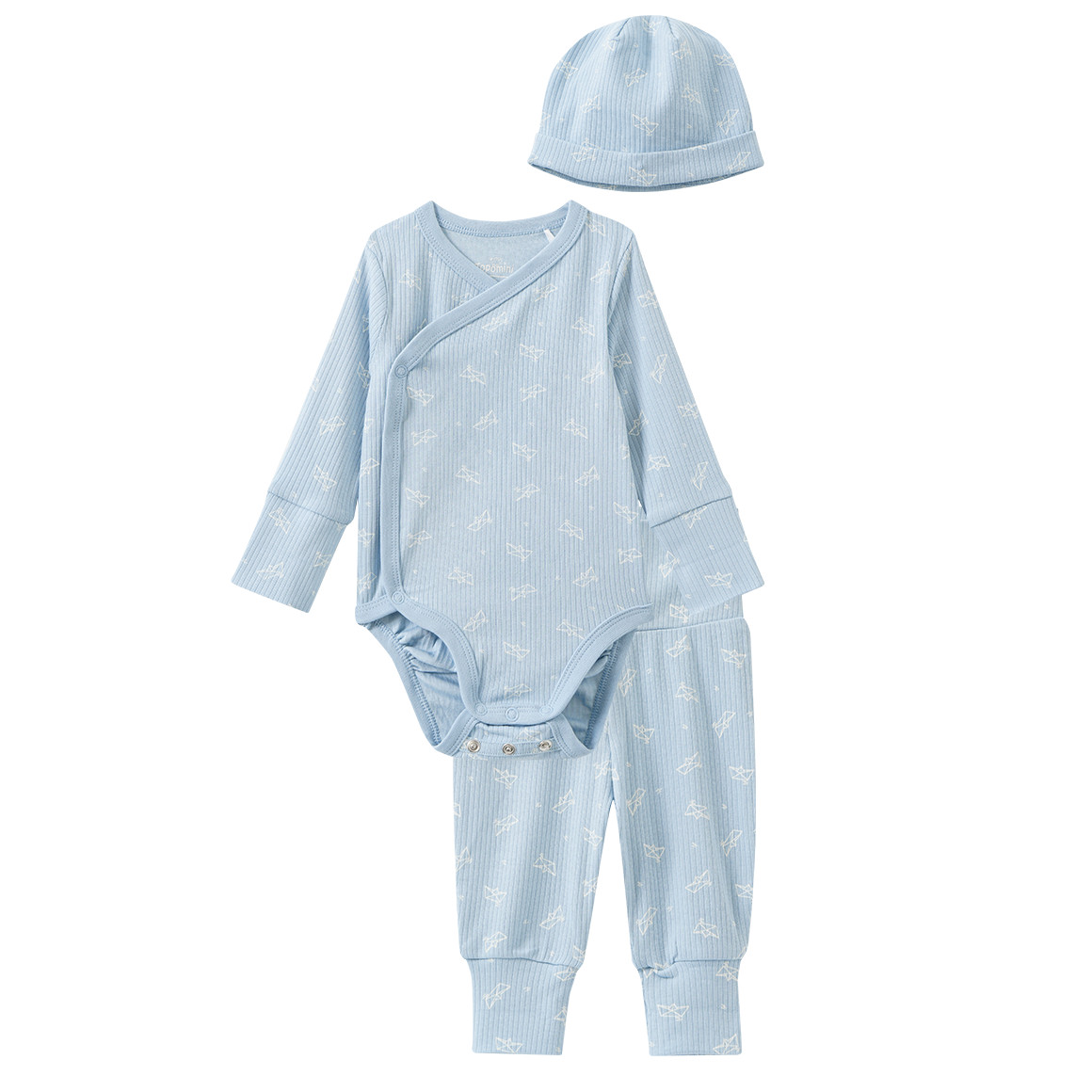 Newborn Set aus Wickelbody, Hose und Mütze