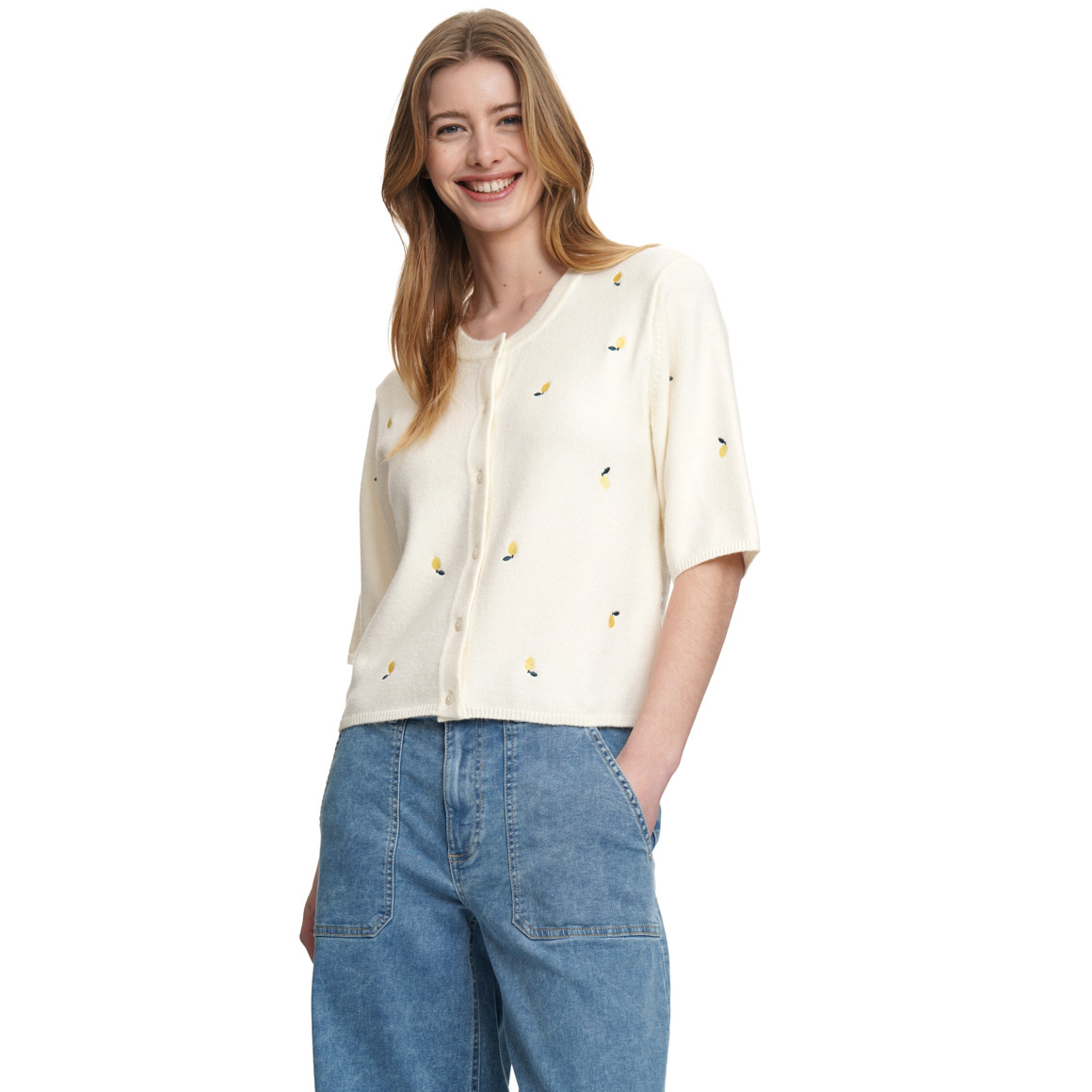 Damen Strickjacke mit Zitronen-Stickerei