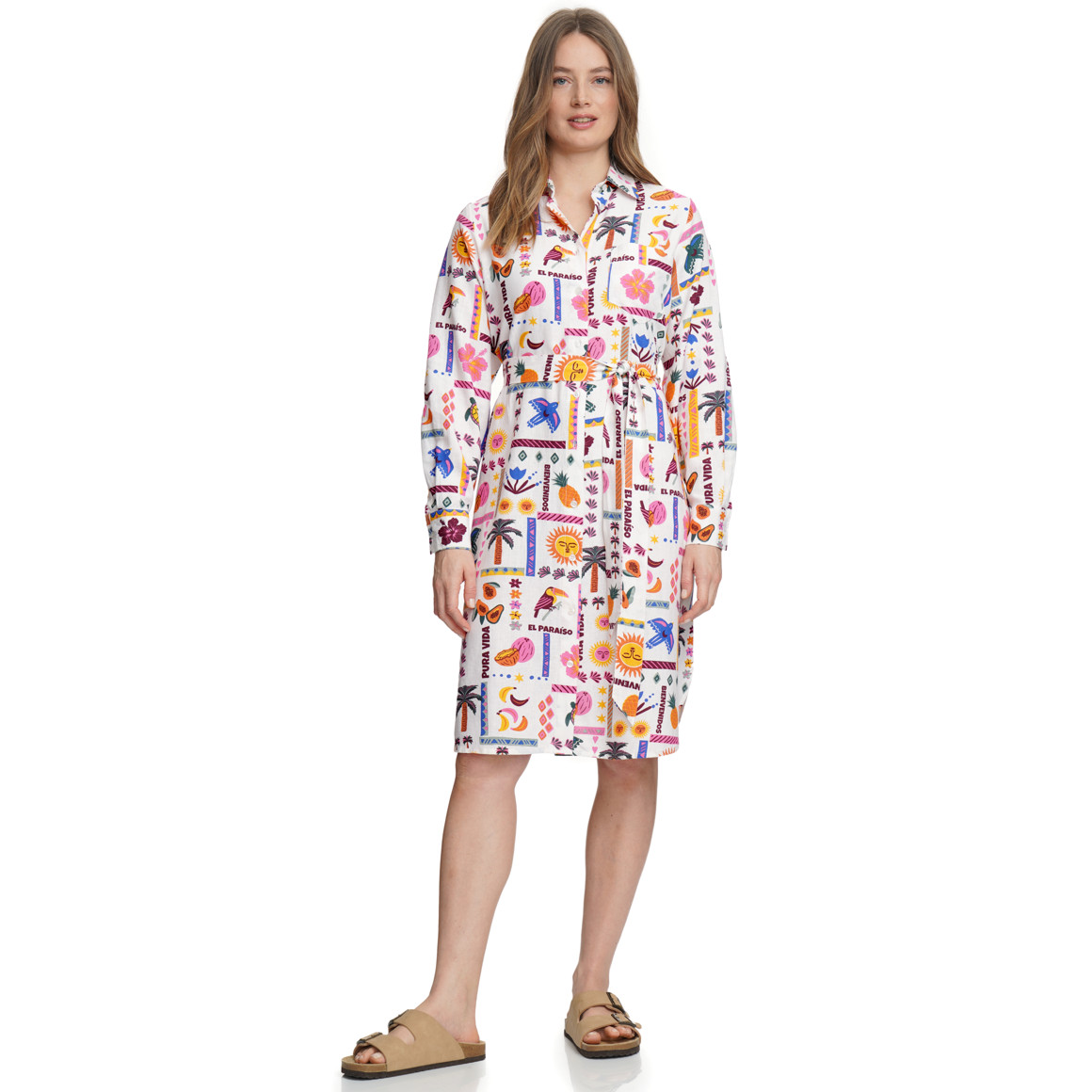 Damen Leinen-Kleid mit Allover-Print