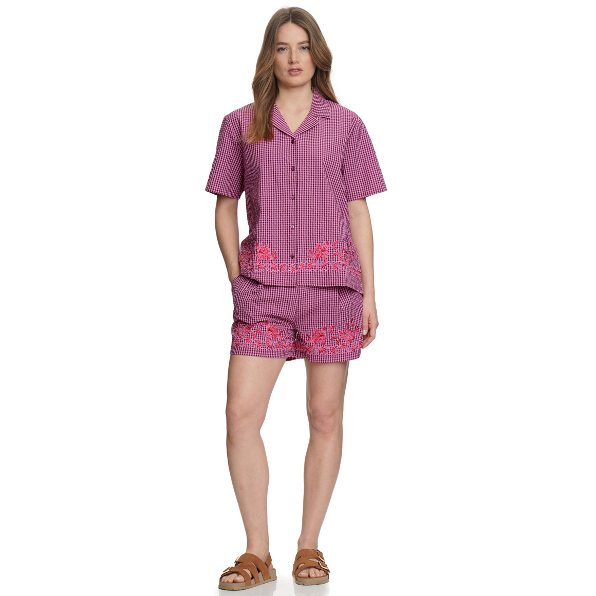 Damen Seersucker-Shorts mit Stickerei