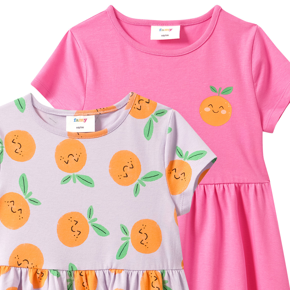 2 Mädchen Kleider mit bunten Motiven