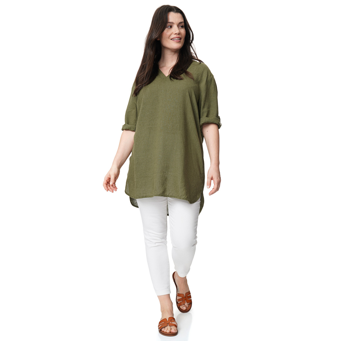 Damen Leinen-Longbluse mit V-Ausschnitt