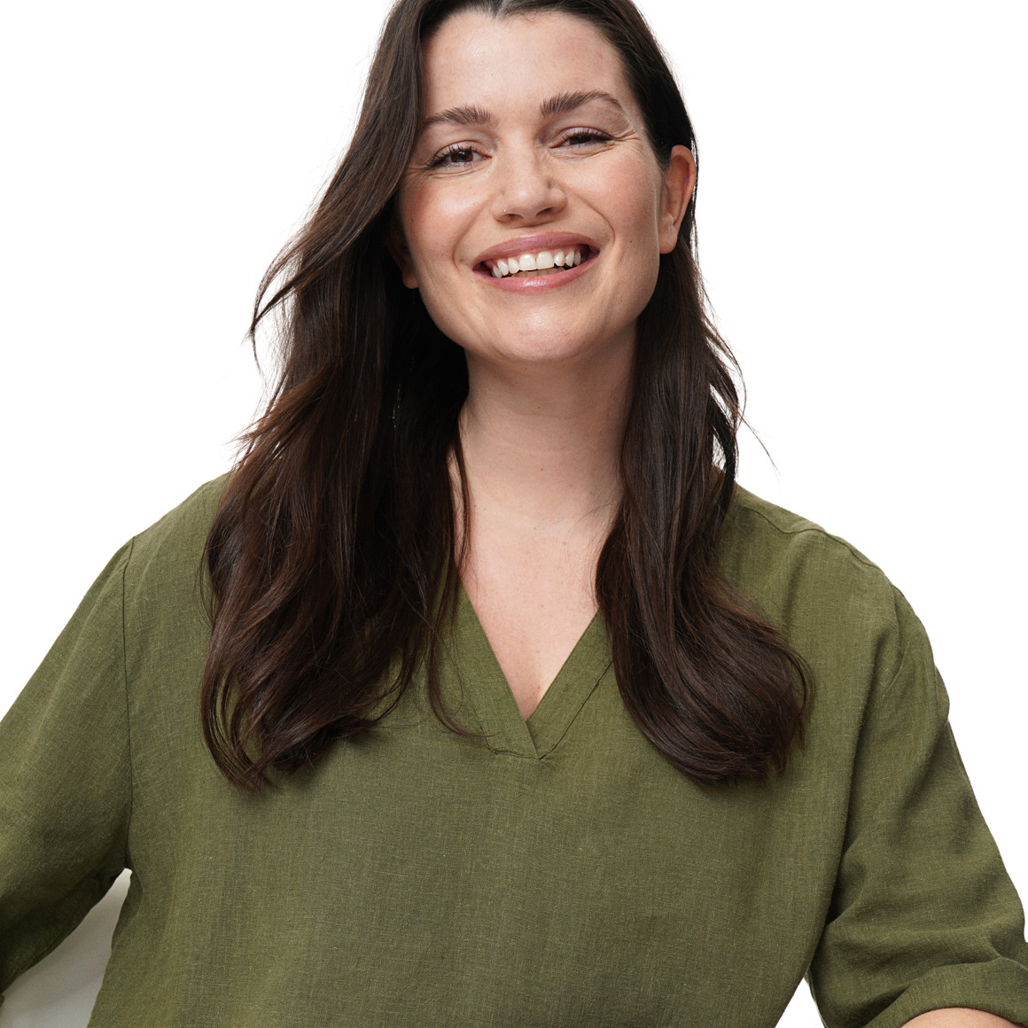 Damen Leinen-Longbluse mit V-Ausschnitt