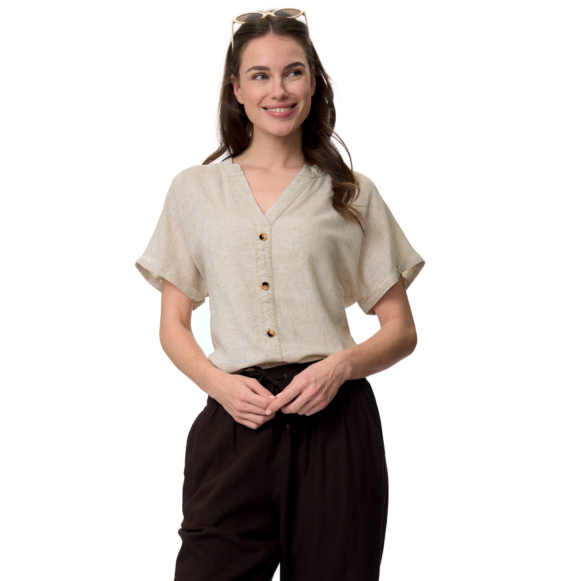 Damen Leinen-Bluse mit Zierknöpfen
