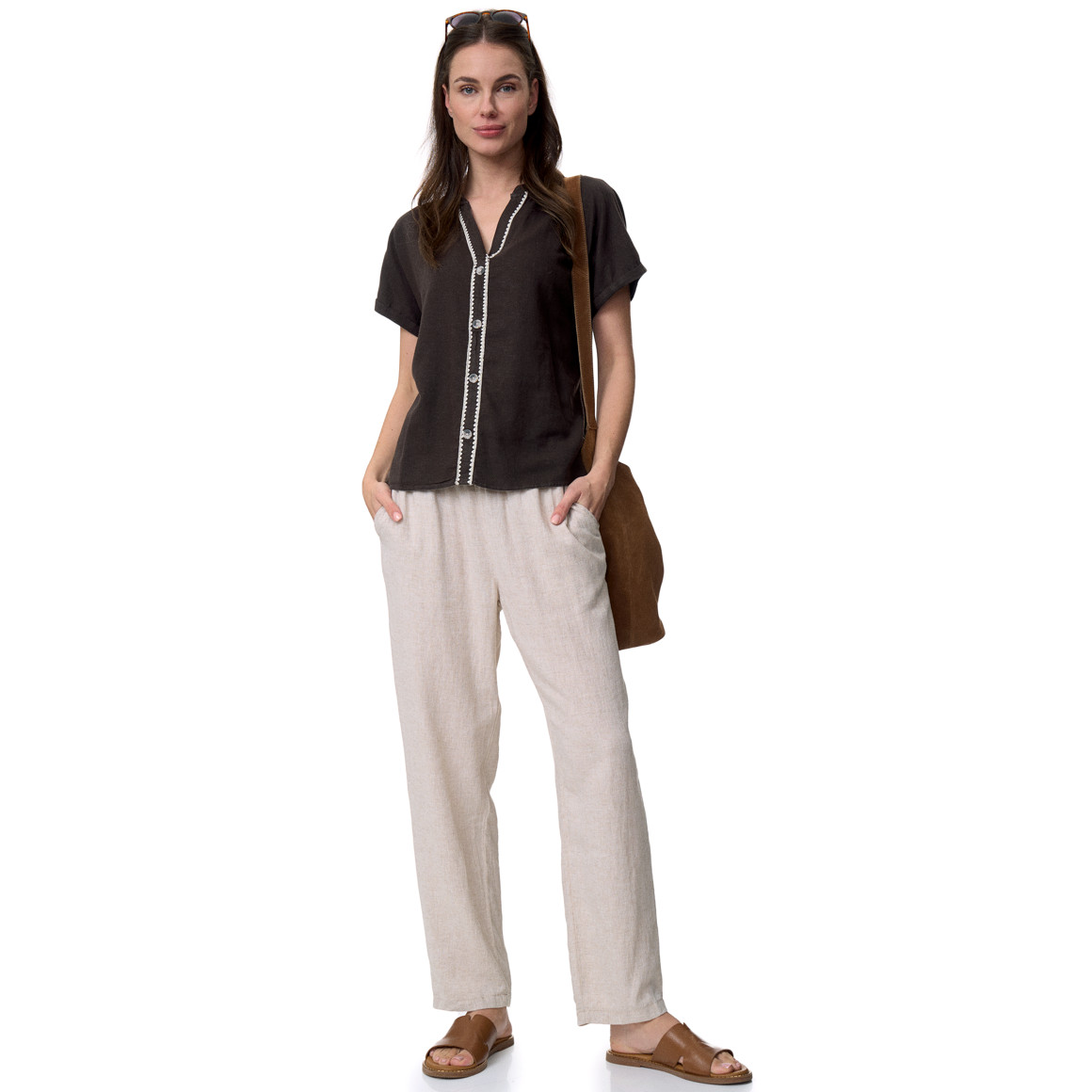 Damen Leinen-Bluse mit Zierknöpfen