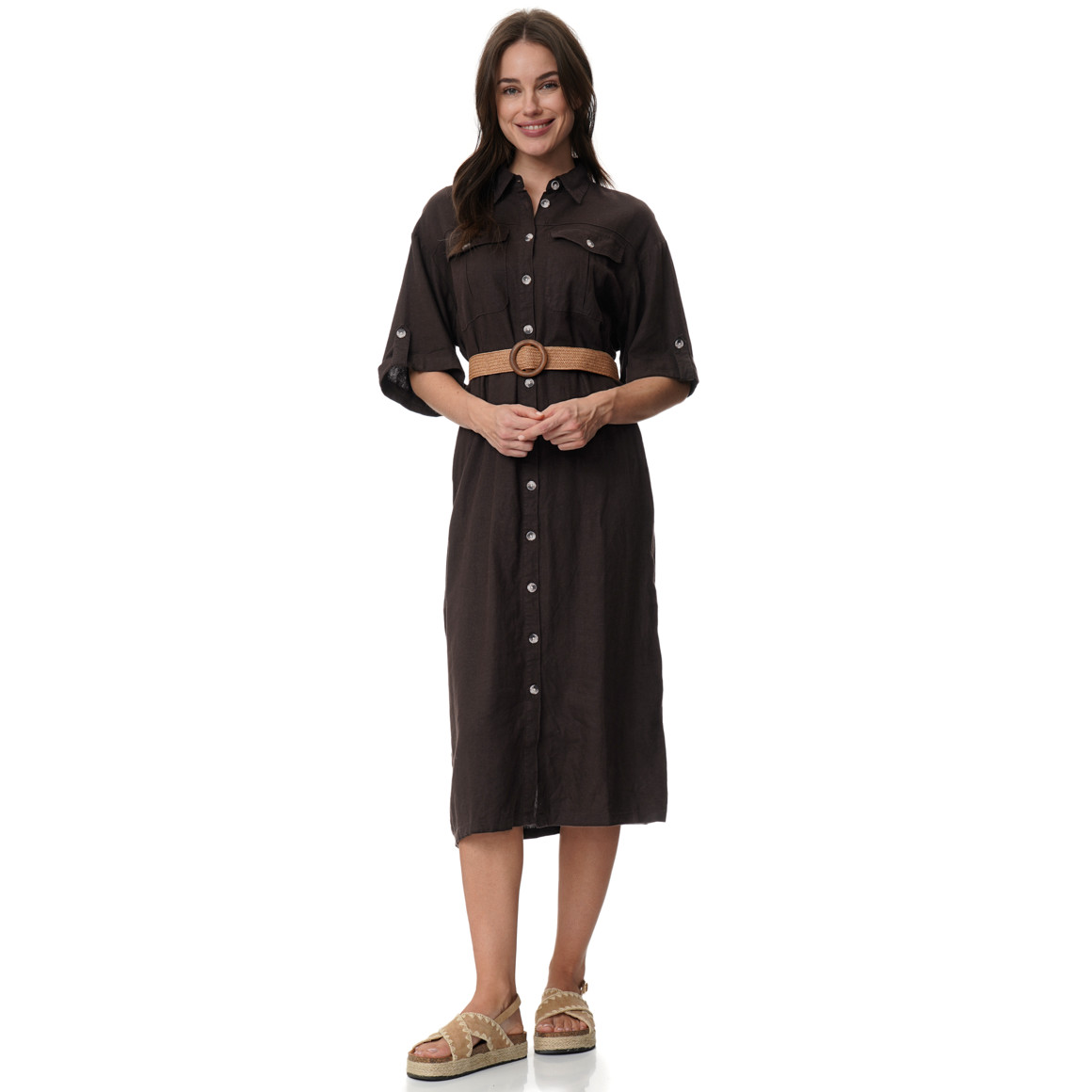 Damen Leinen-Kleid mit Gürtel