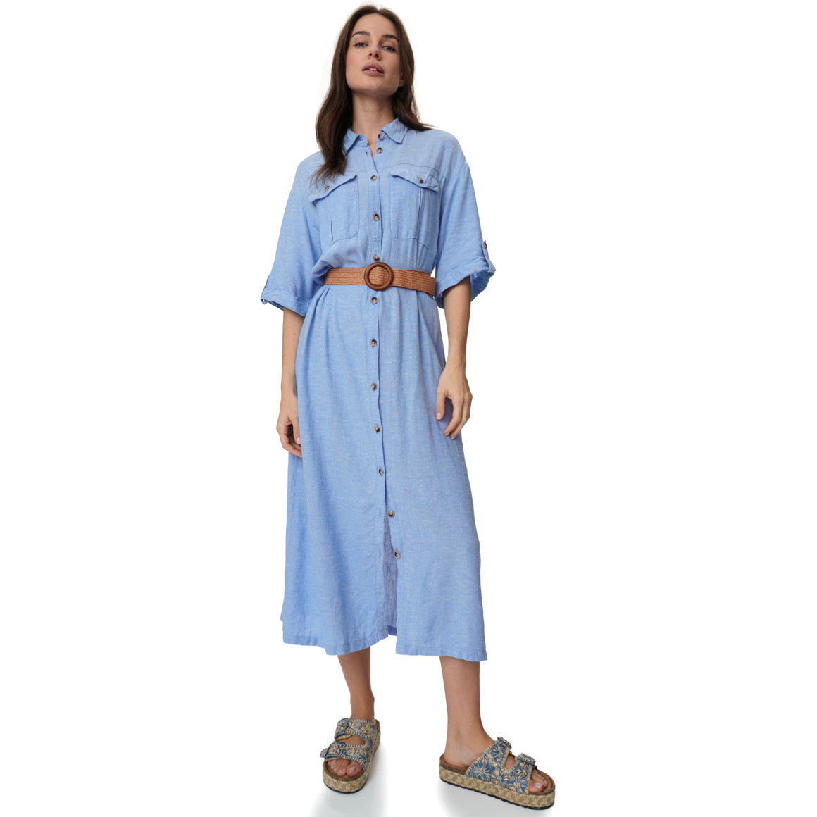 Damen Leinen-Kleid mit Gürtel