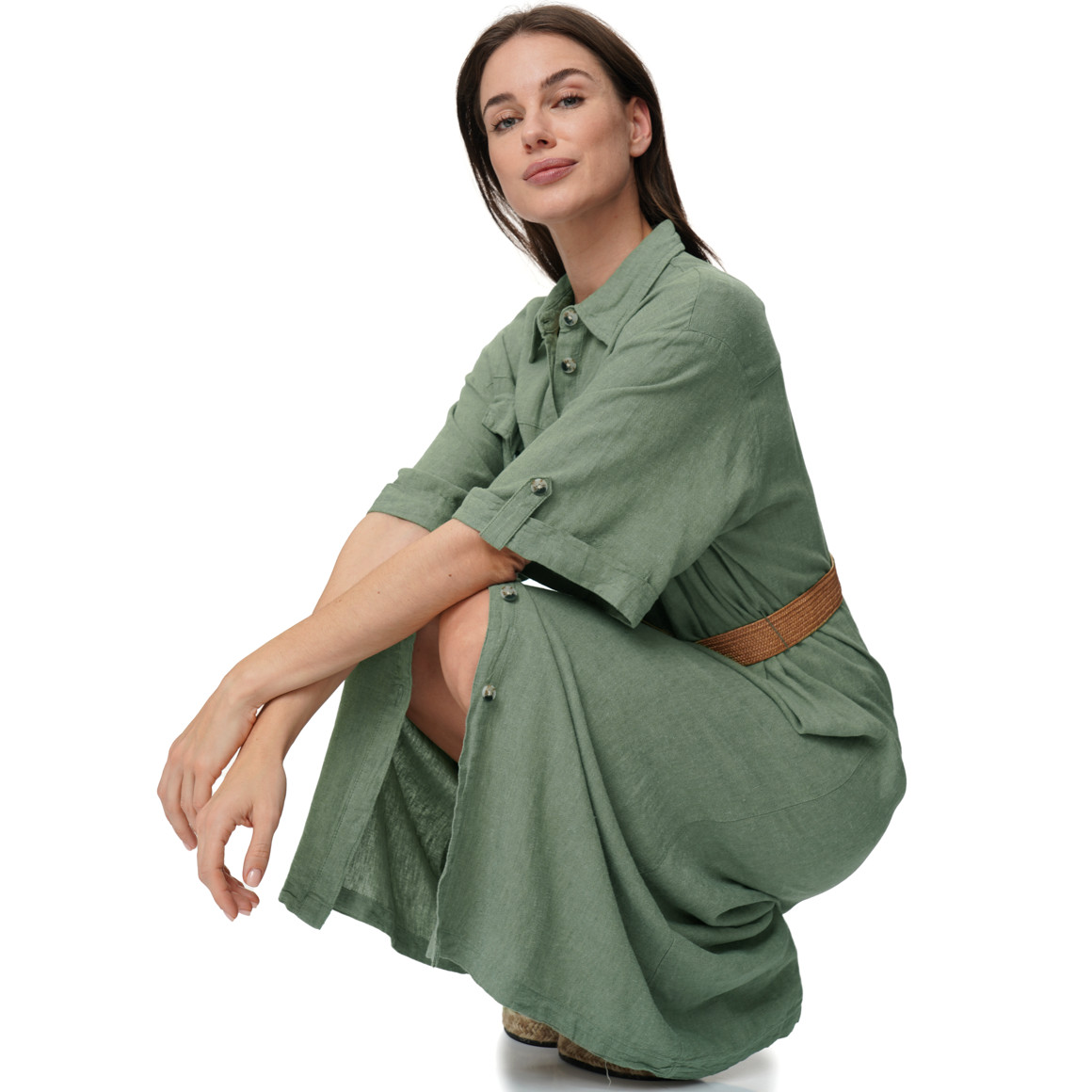 Damen Leinen-Kleid mit Gürtel