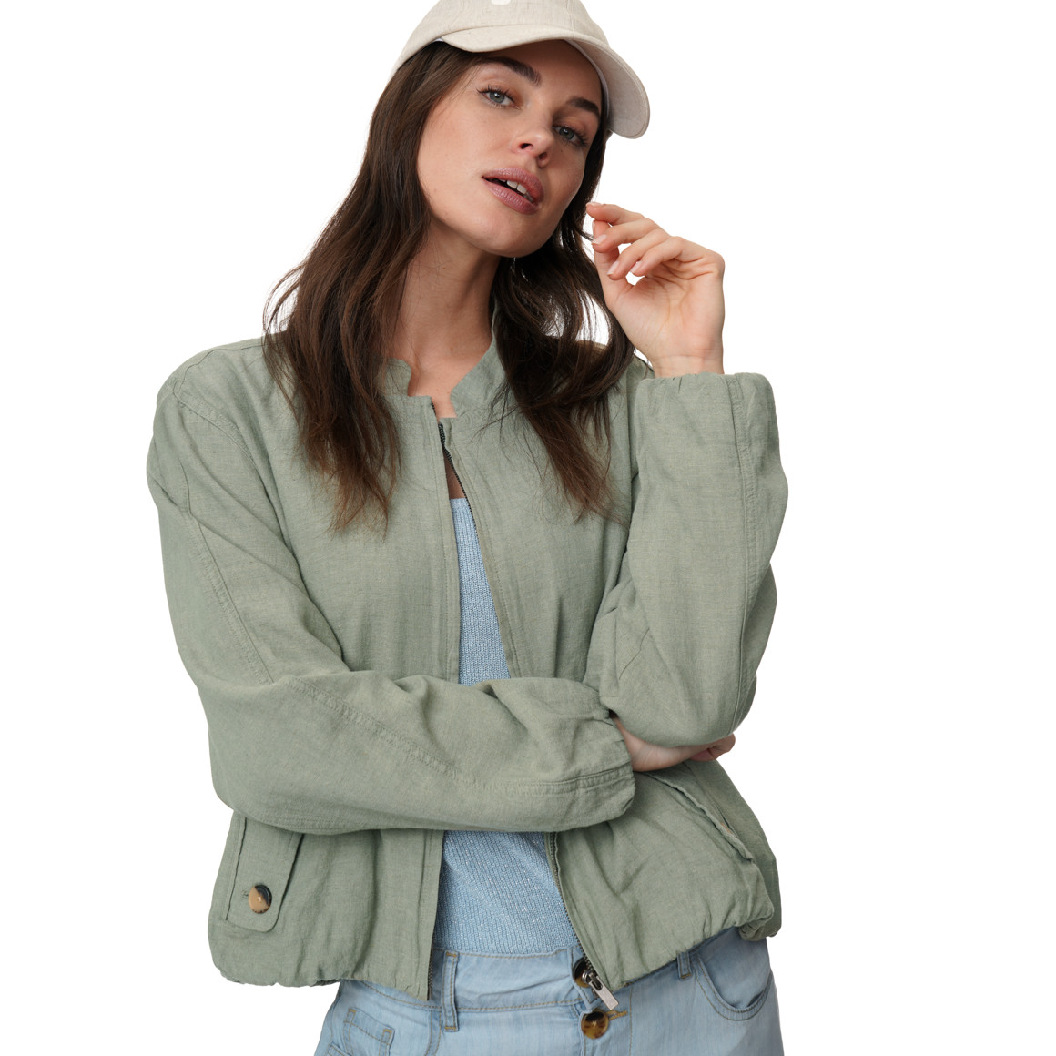 Damen Leinen-Blouson in Unifarben