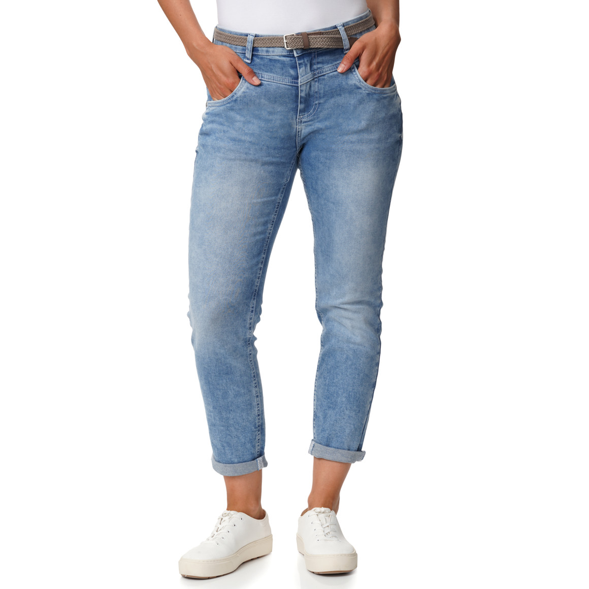 Dames slim fit-jeans met gevlochten riem