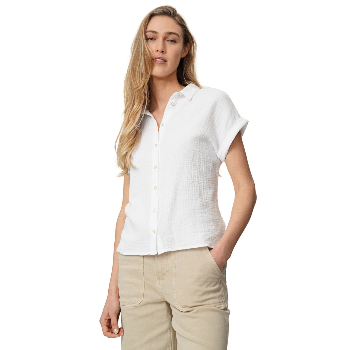 Mousseline damesblouse met vaste omslag