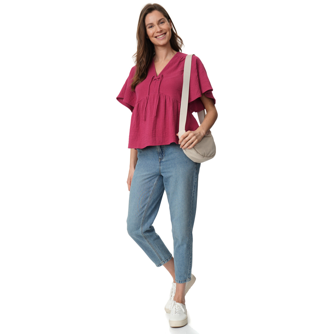 Damen Musselin-Bluse mit Kordel-Ausschnitt