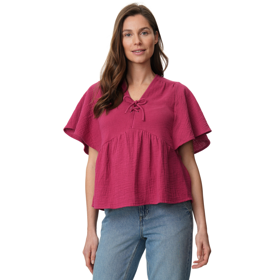 Damen Musselin-Bluse mit Kordel-Ausschnitt