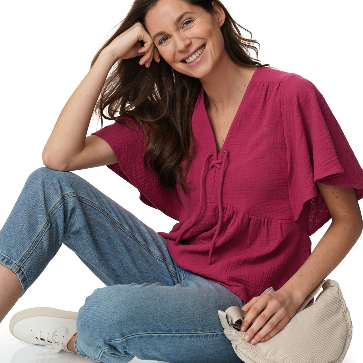 Damen Musselin-Bluse mit Kordel-Ausschnitt