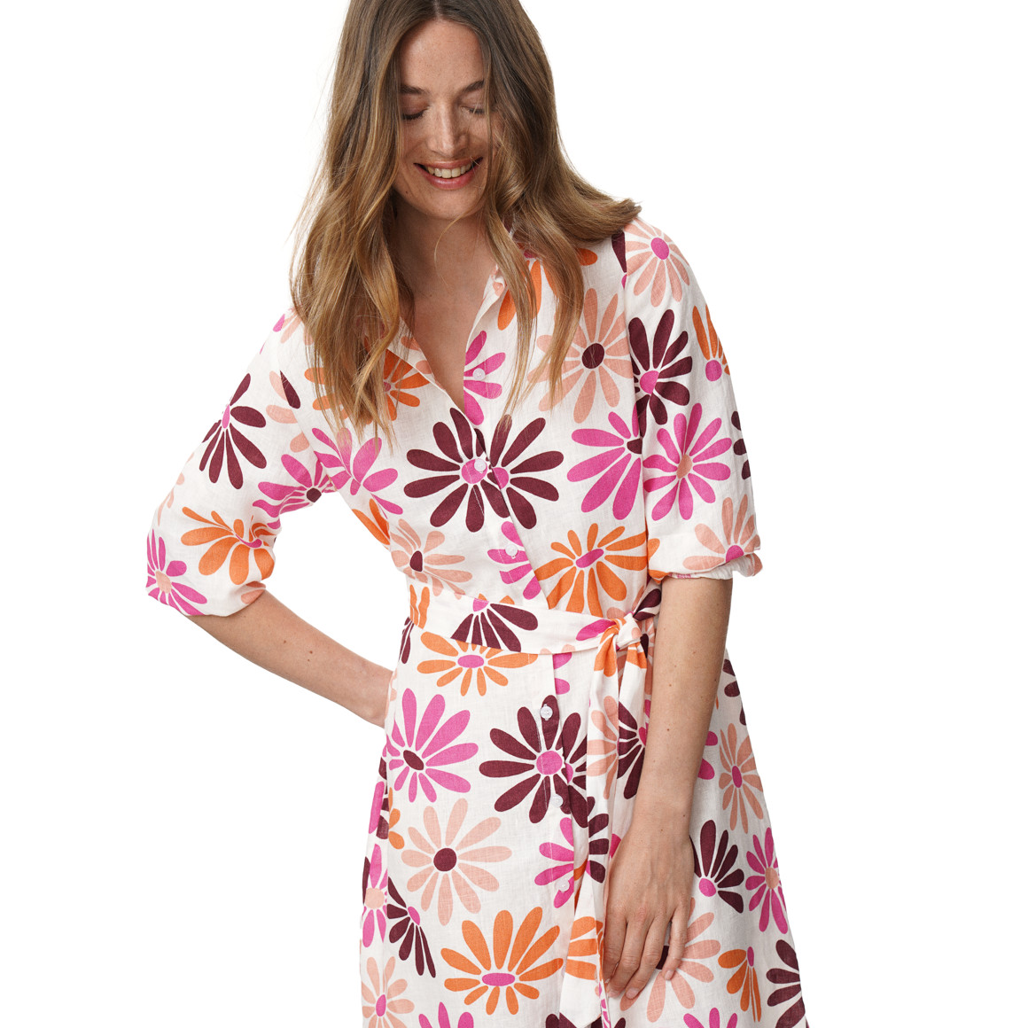 Damen Leinen-Hemdkleid mit Bindeband